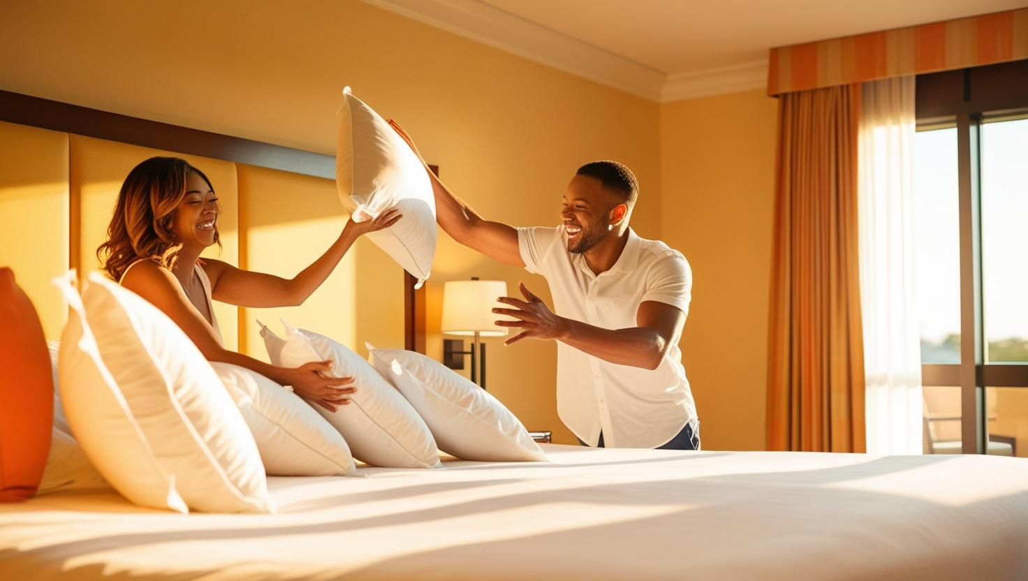 una coppia in hotel che gioca con i cuscini sul letto in estate (2)