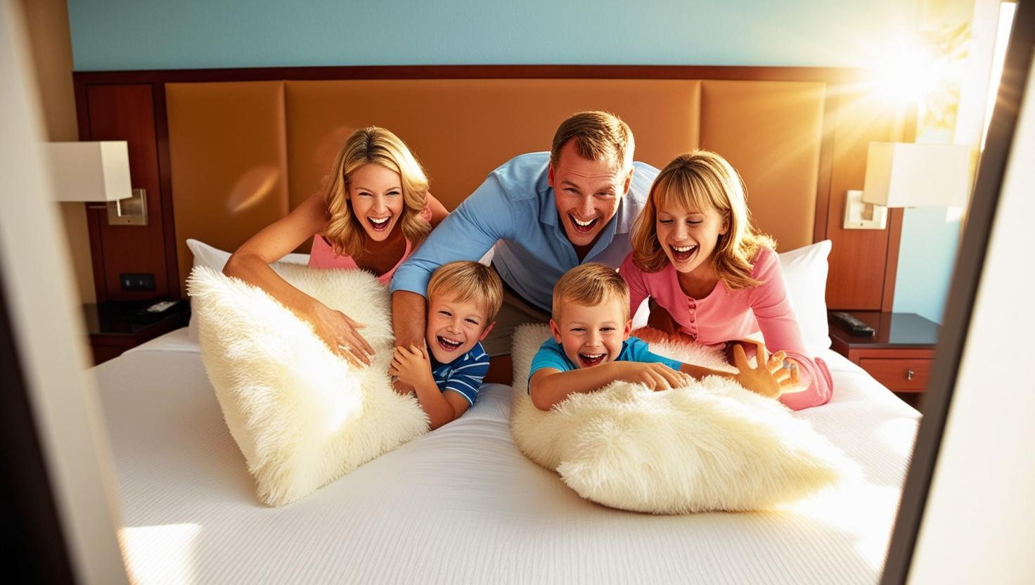 a family in hotel playing with pillows on the bed in summer (2)